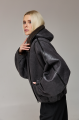 Short sheepskin coat with a hood made of natural sheepskin in graphite color